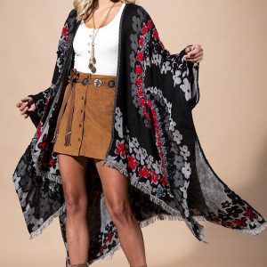 Black Floral Ruana Made In India: Women's Embroidered